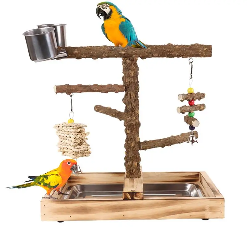 

Bird Perch Stand Parrot Playground with Feeder Cups Chew-Resistant Parakeet Gym Playstand Toys for Feeding Training Outside