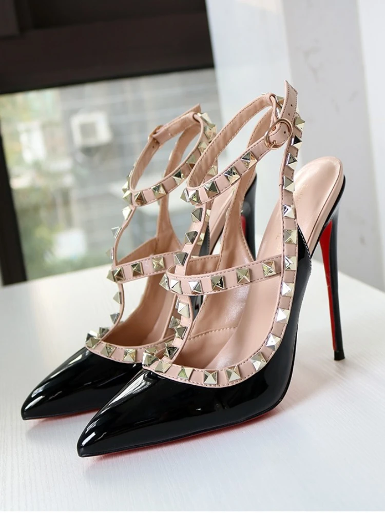 2024 New Rivet pointed ultra-high heel sandals with red bottom and thin heel buckle strap sexy nightclub customization size 12cm