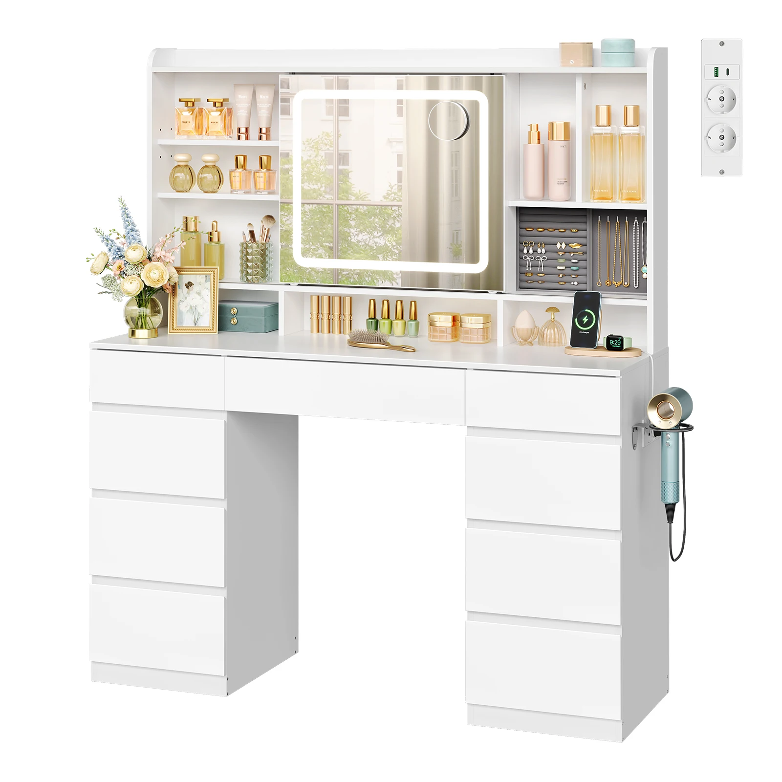 WOLTU Coiffeuse pour filles avec éclairage LED réglable, table de maquillage avec 9 tiroirs et miroir coulissant pour chambre à coucher
