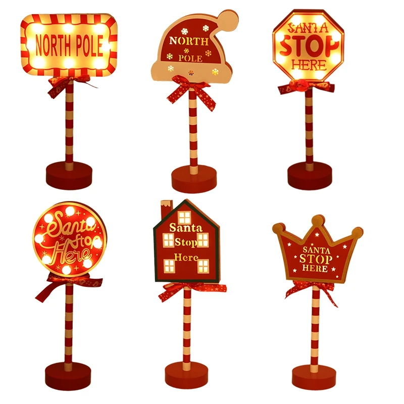 Christmas Vintage Lights North Pole Sign LED Light Street Sign Christmas Wooden Tabletop Decoration Christmas Decor