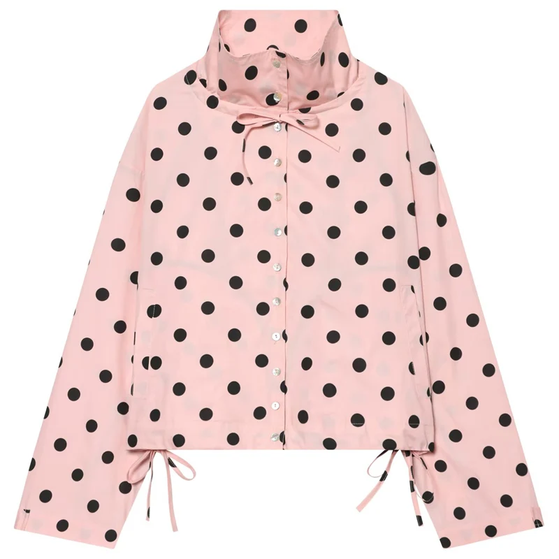 HXAO Women's Polka Dot Bomber Jacket Spring Crop Oversized Long Sleeve Tops Plus Size Button Up Lace-Up Outerwear Aviator Coats