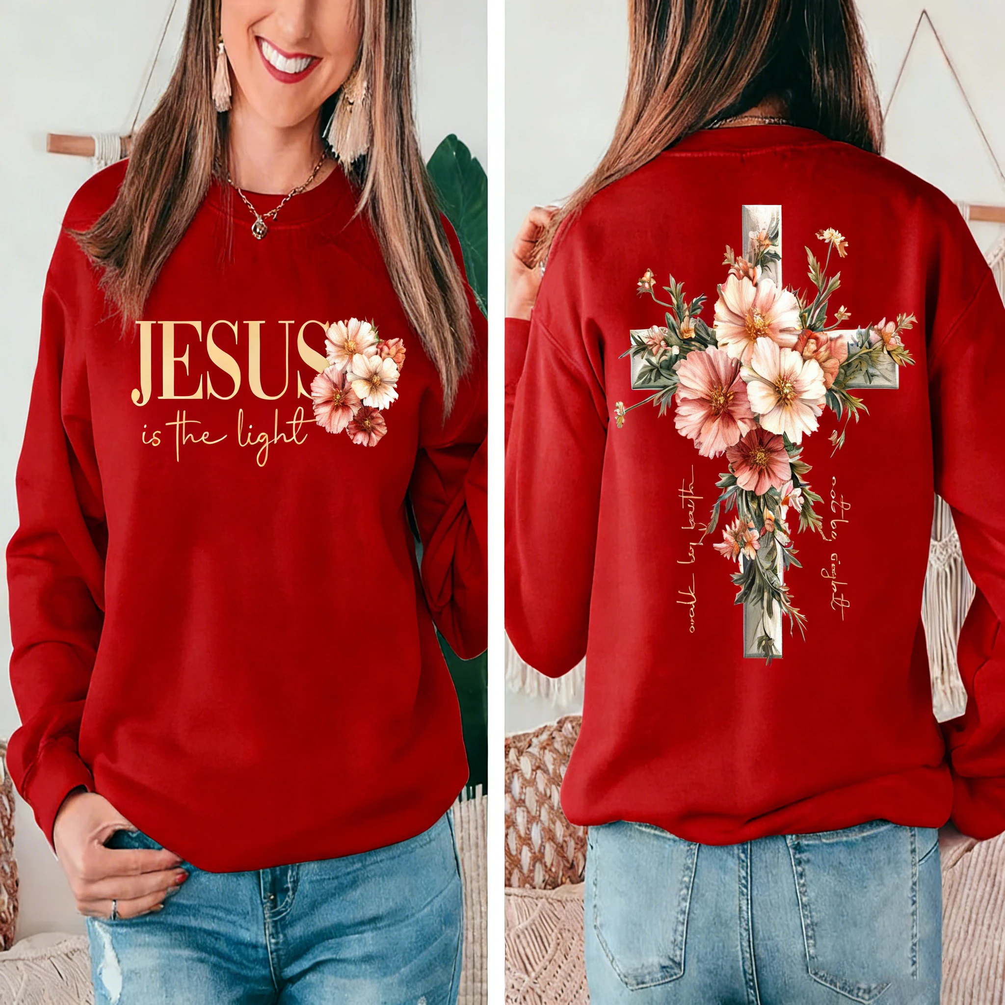 เสื้อสเวตเชิ้ตฤดูหนาวลายดอกไม้ ข้อความจากพระคัมภีร์ ของขวัญสำหรับชาวคริสต์  พระเยซูคือแสงสว่าง เดินตามศรัทธา ไม่ด้วยตาเห็น  เสื้อสเวตเชิ้ตสวยงาม