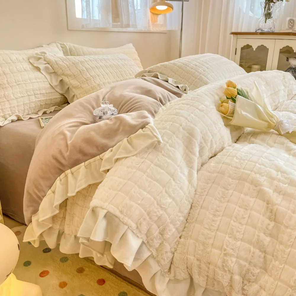 Autumn and Winter Thickened Double-sided Milk Fleece Four-piece Warm Coral Fleece Quilt Cover Bed Sheet Pillowcase Bedding Set
