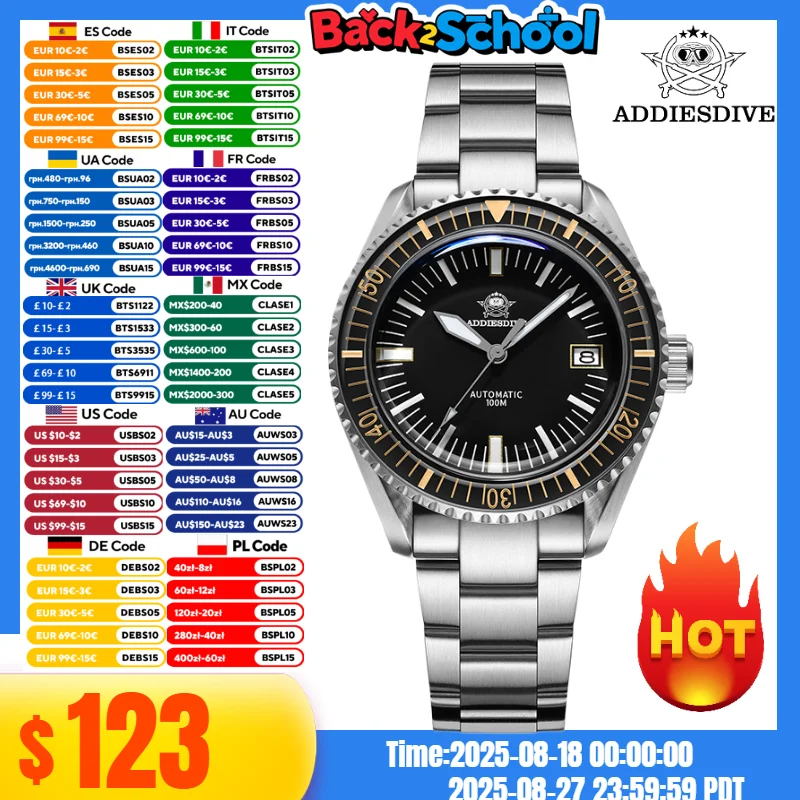 

ADDIESDIVE Men's Mechanical Watch Glass Bezel BGW9 Super Luminous 10Bar Diver Sapphire Glass NH35A Automatic Watch