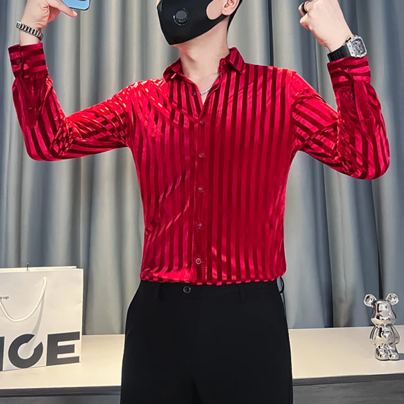 

Роскошные велюровые рубашки для мужчин, теплая полосатая мужская рубашка с длинными рукавами, осень-зима, корейский стиль, приталенная блузка-смокинг для социальных вечеринок