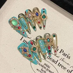 10pcs Green Long-pointed Press On Nails For Wedding Flash Gold Foil Chain Decors Luxury False Nails New Year French Fake Nail