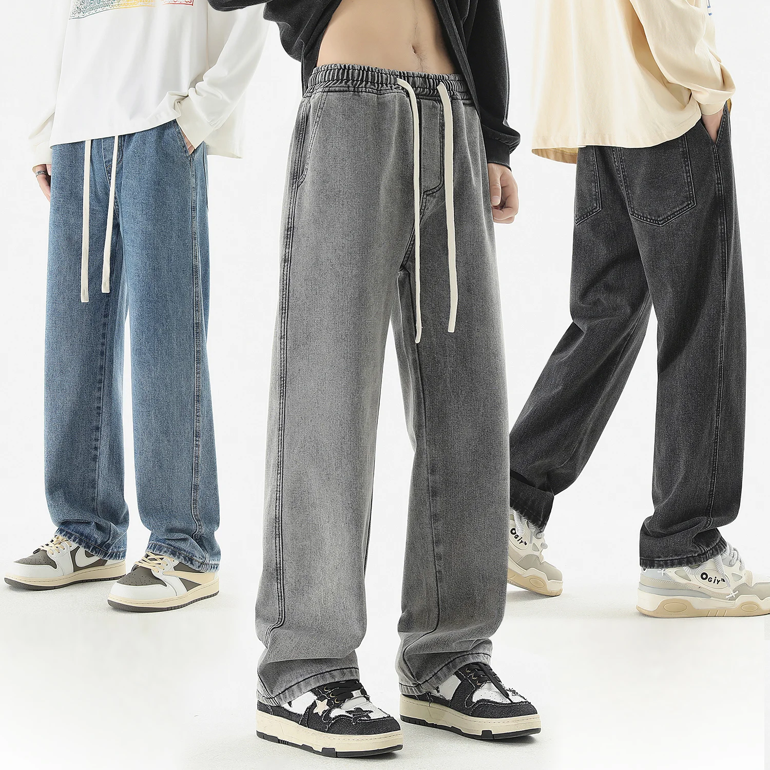 New Streetwear Baggy Men's Jeans Korean Style Classic Straight Denim Pants Wide Leg Grey Black Solid Color Loose Trousers Male