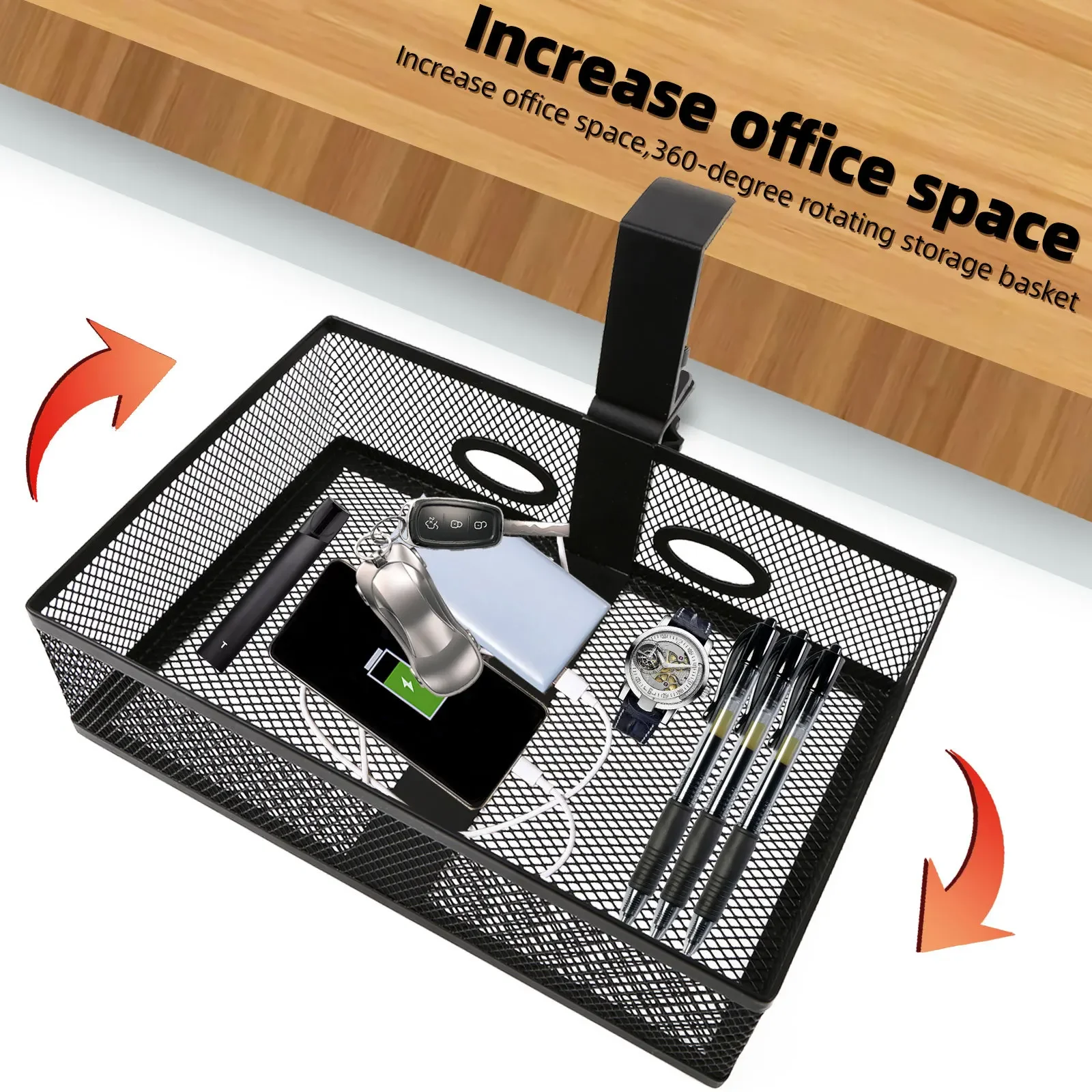

Invisible Storage Box with 360 Rotating Drawer Under Desk Basket Punch Free Desktop Organizer Office Stationery Drawer Holder