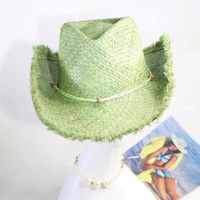 Hot Sale Foreigners Love Green Raffia Hand-woven Burrs Western Cowboy Hat Free Shape Straw Hat