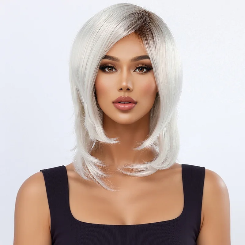 European and American wig women's bob hair with a brown root gradient and white gold short hair-Synthetic fiber wig
