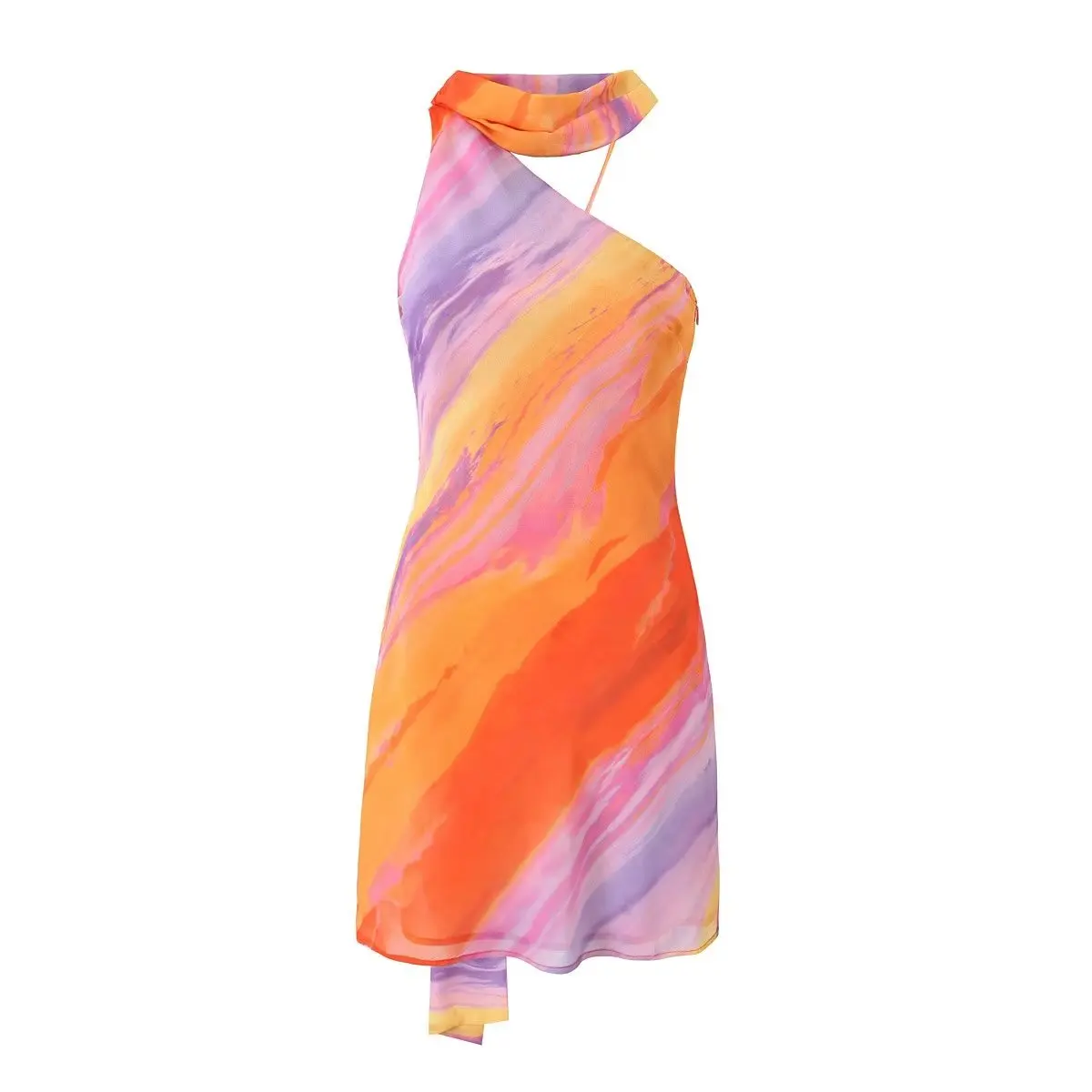 Sexy Halter Collar Orange Gradient Tie dye print Cross lacing up Bow Backless Sling Dress Women Irregular Mini Robe Vestido