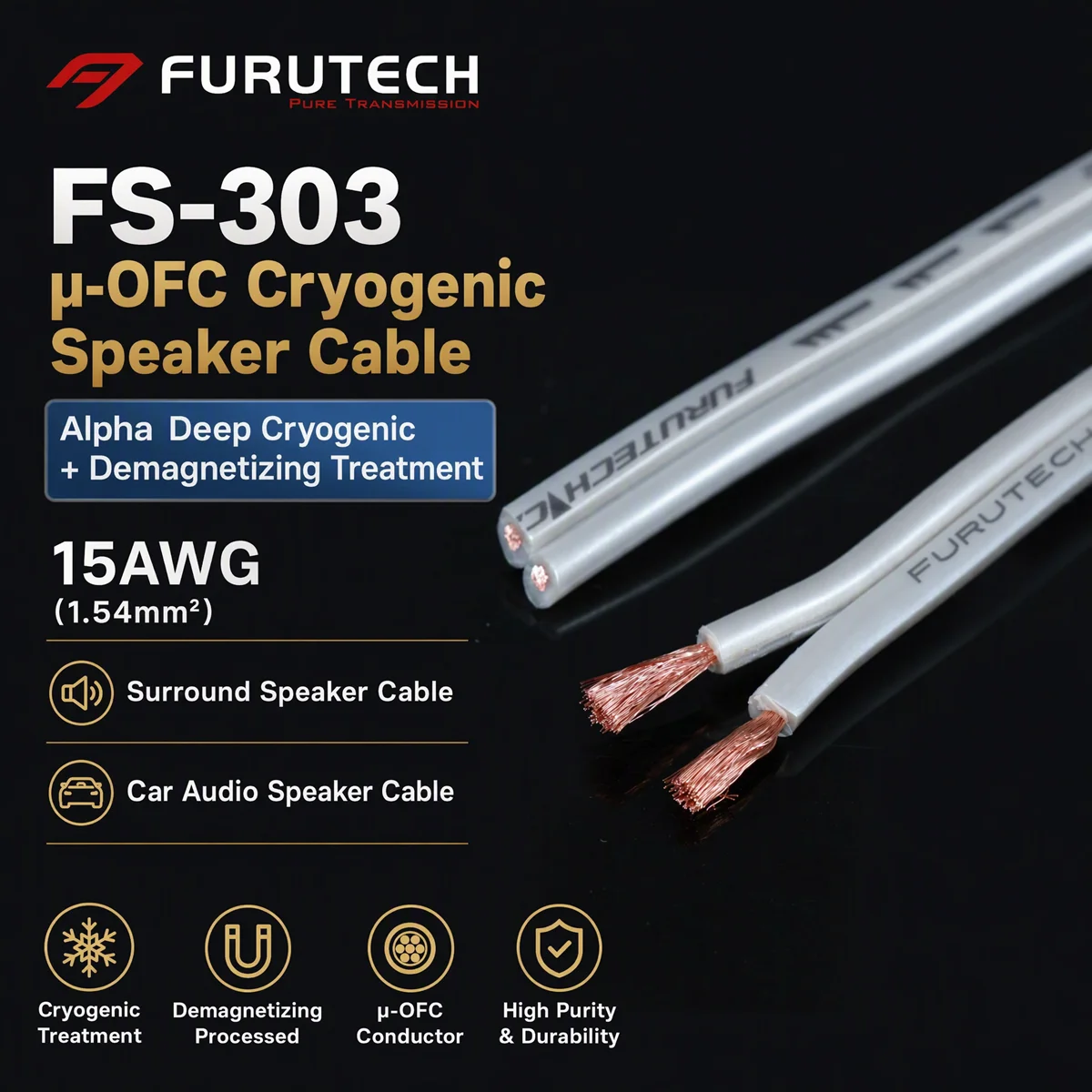 Furutech FS‑303 HiFi Speaker Cable μ‑OFC Oxygen‑Free Copper 15AWG Audio Wire for Car Stereo,Home Theater Surround Speakers
