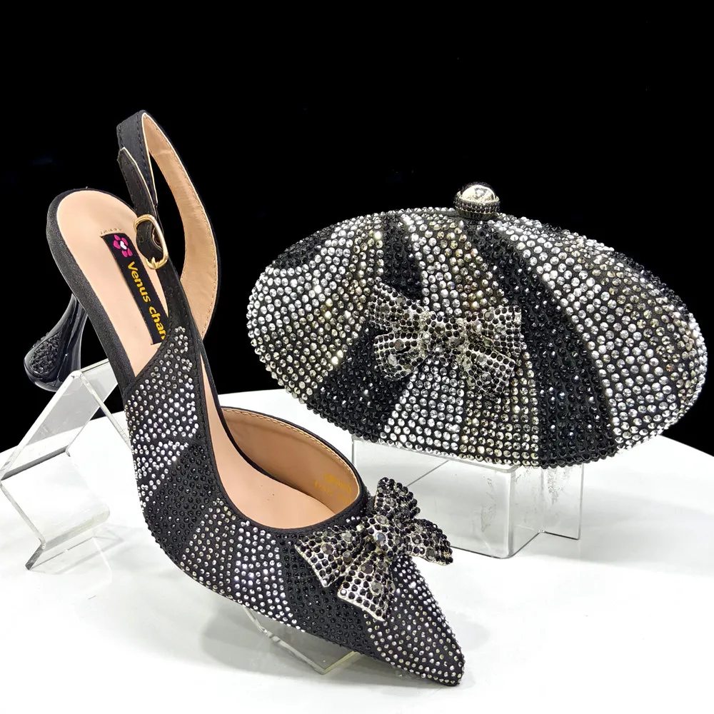

Black 2025 Italian Design Diamond Decoration Classic Noble Women Shoes and Bag Set for Wedding