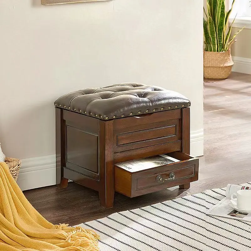 American-style home entrance shoe change stool all solid wood living room storage storage box can sit leather short shoe stool