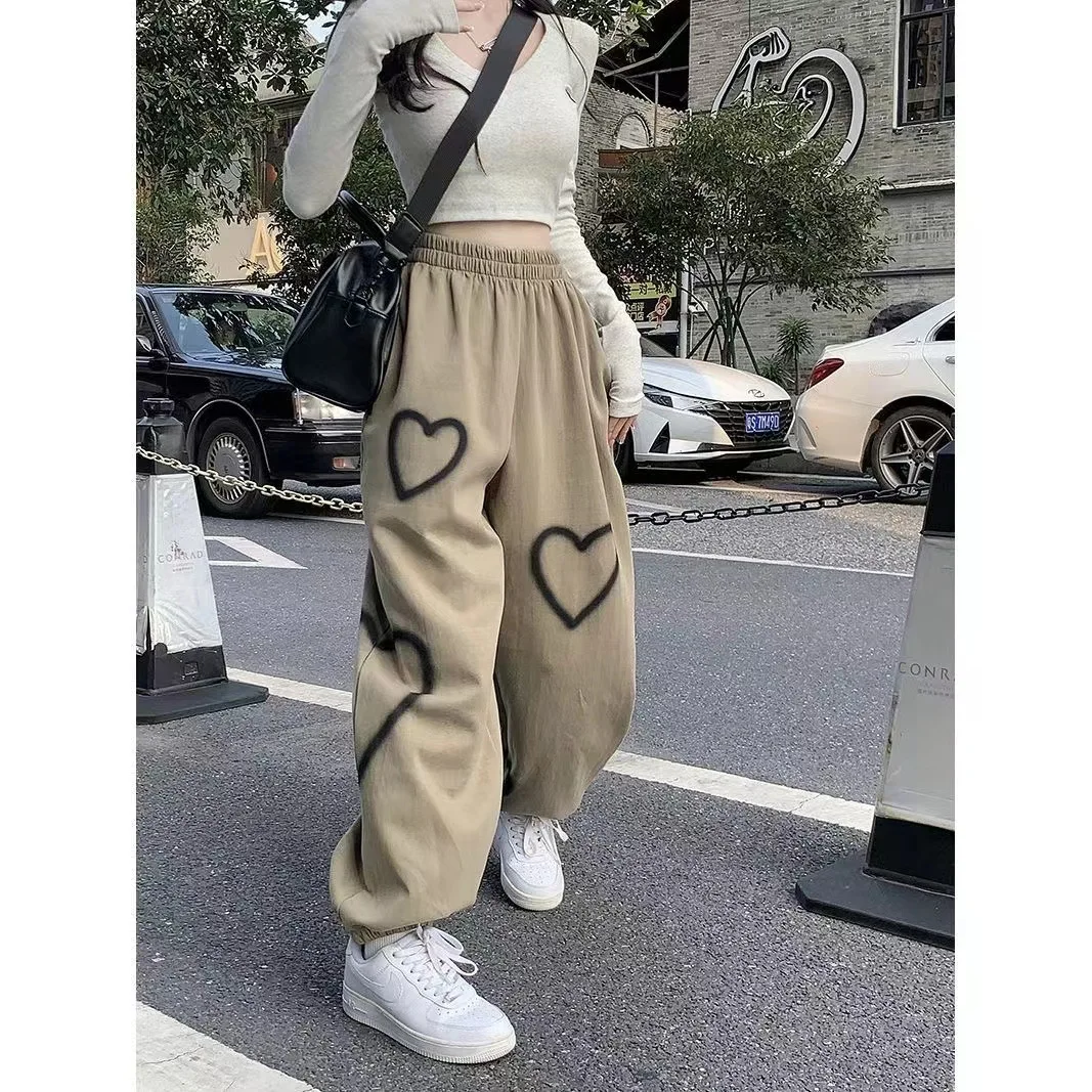 Heart Printing Sweatpants Women Loose Straight Joggers High Waist Sweatpants Wide Leg Pants Streetwear Hip Hop Trousers