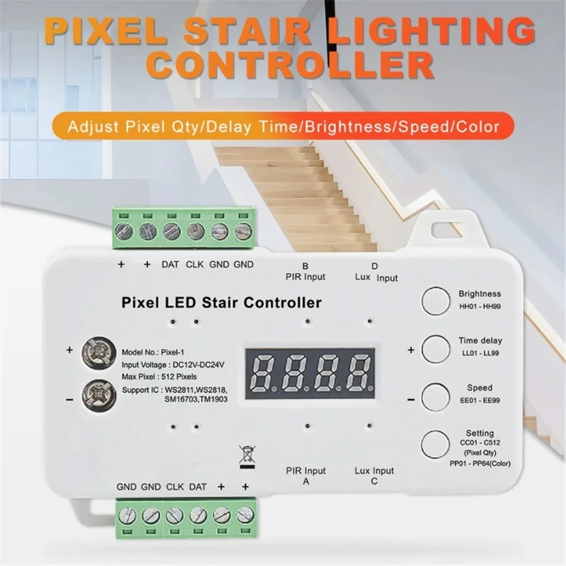 Pixel-1 Pixel LED Stair Controller PIR Motion Lux Sensor DC12-24V for Indoor Stair WS2811 COB Strip Light