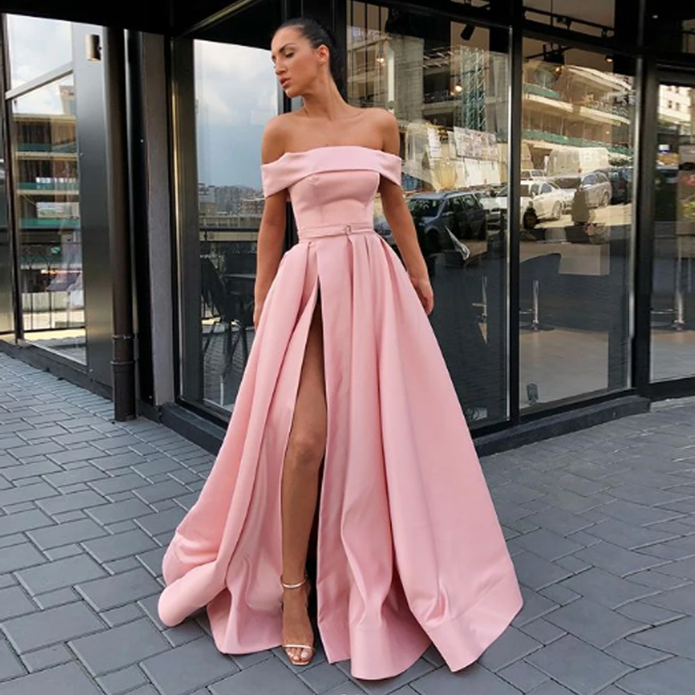 BEPEITHY Customized A-line Pink Off The Shoulder Formal Occasion dresses High Slit Sexy Prom Dresses 2023 Robes De Cocktail