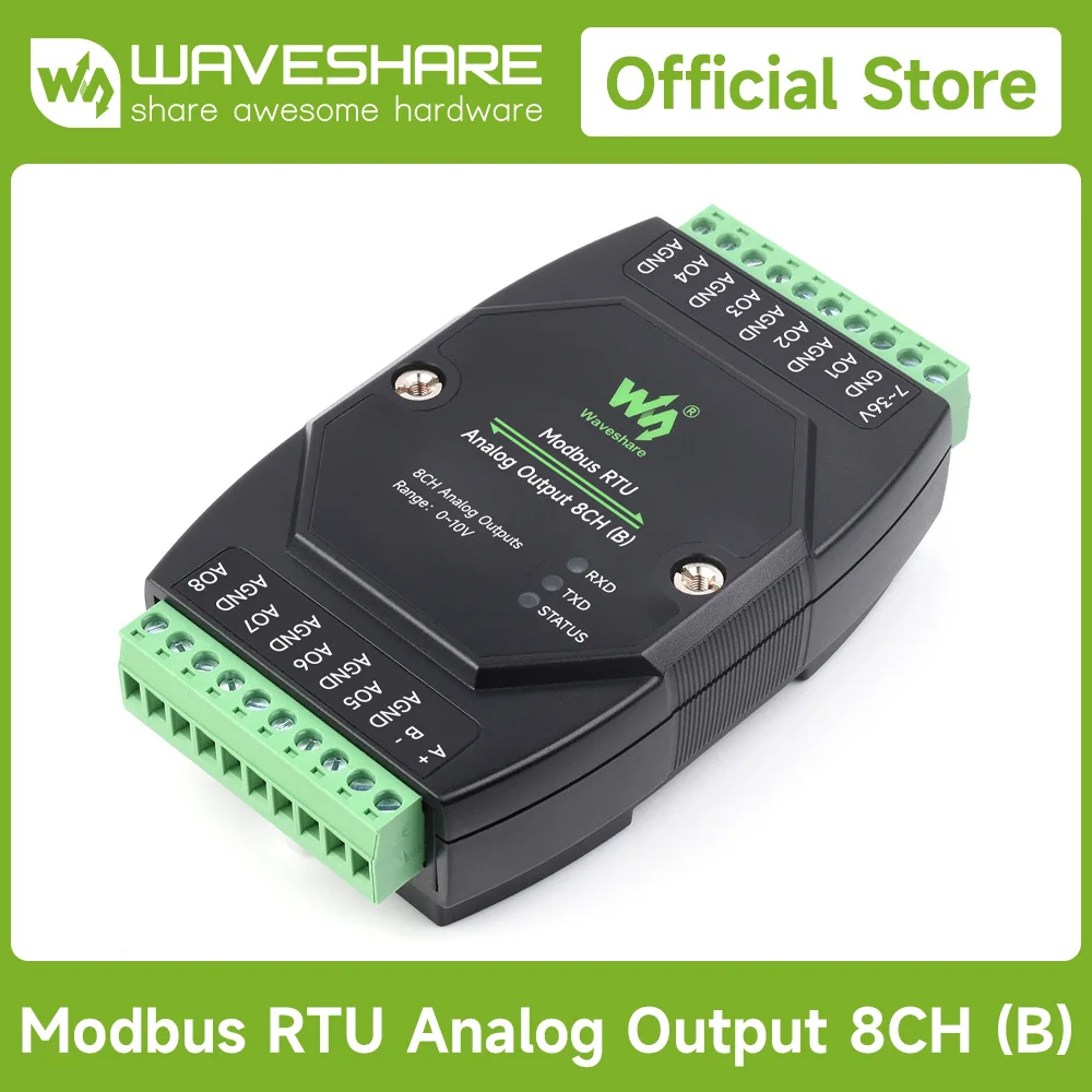 Picture 4: Waveshare 8-Ch Modbus RTU Analog Output Module, Wide Voltage Power Supply, Modbus RTU Protocol, Rail-Mount Support