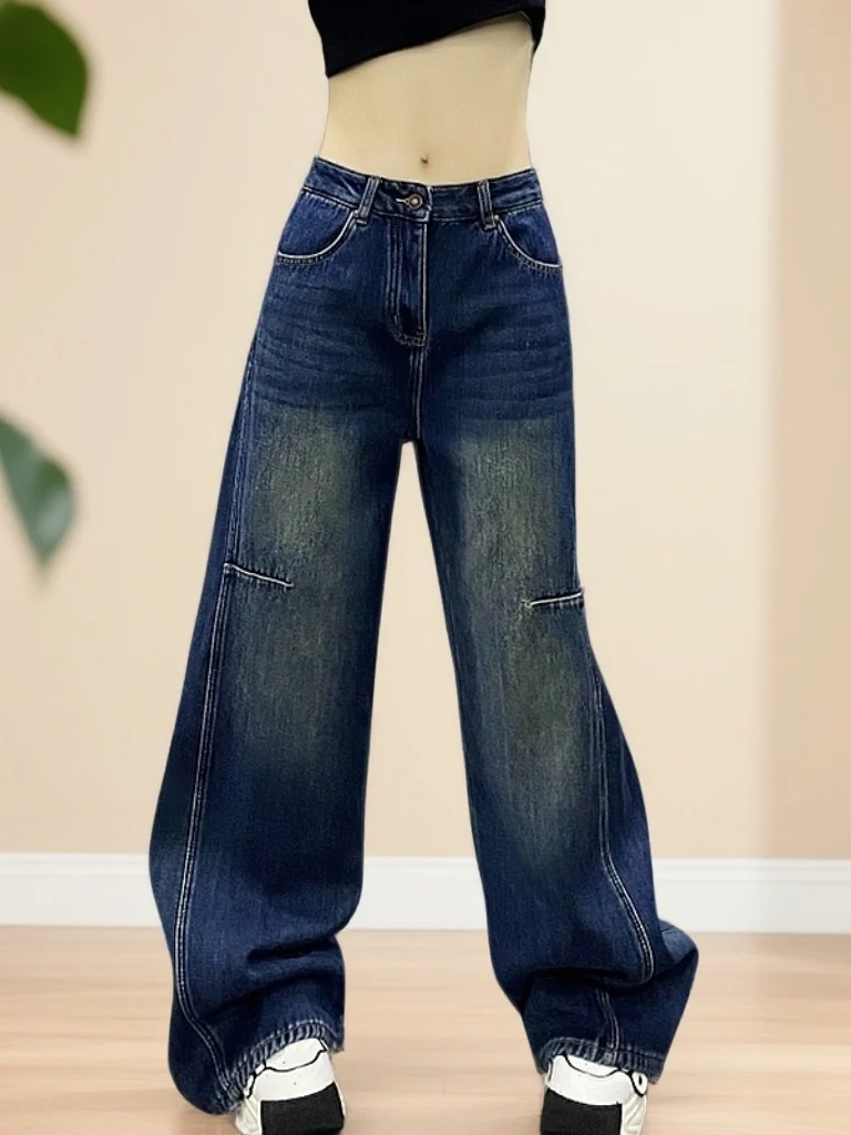 

Spring High Waist Straight Leg Jeans Side Panel Wide Leg Loose Drapey Denim Pants Casual Multi-ket High Waist Blue