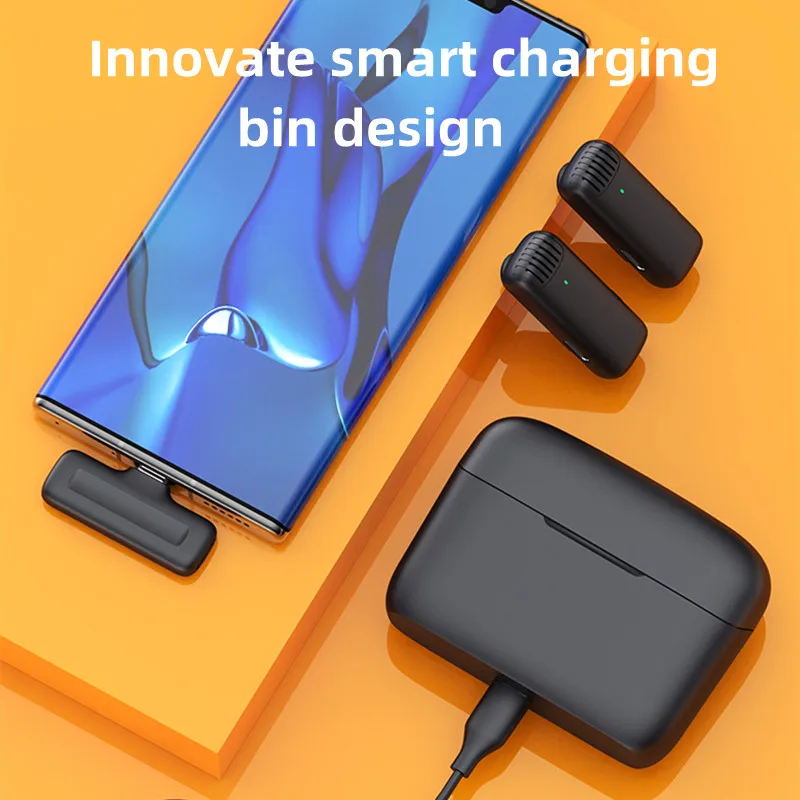 إلغاء الضوضاء لايف فيديو المحمولة 1 إلى 2 Mini Lavalier ميكروفون لاسلكي كليب على مع علبة شحن لأجهزة IOS