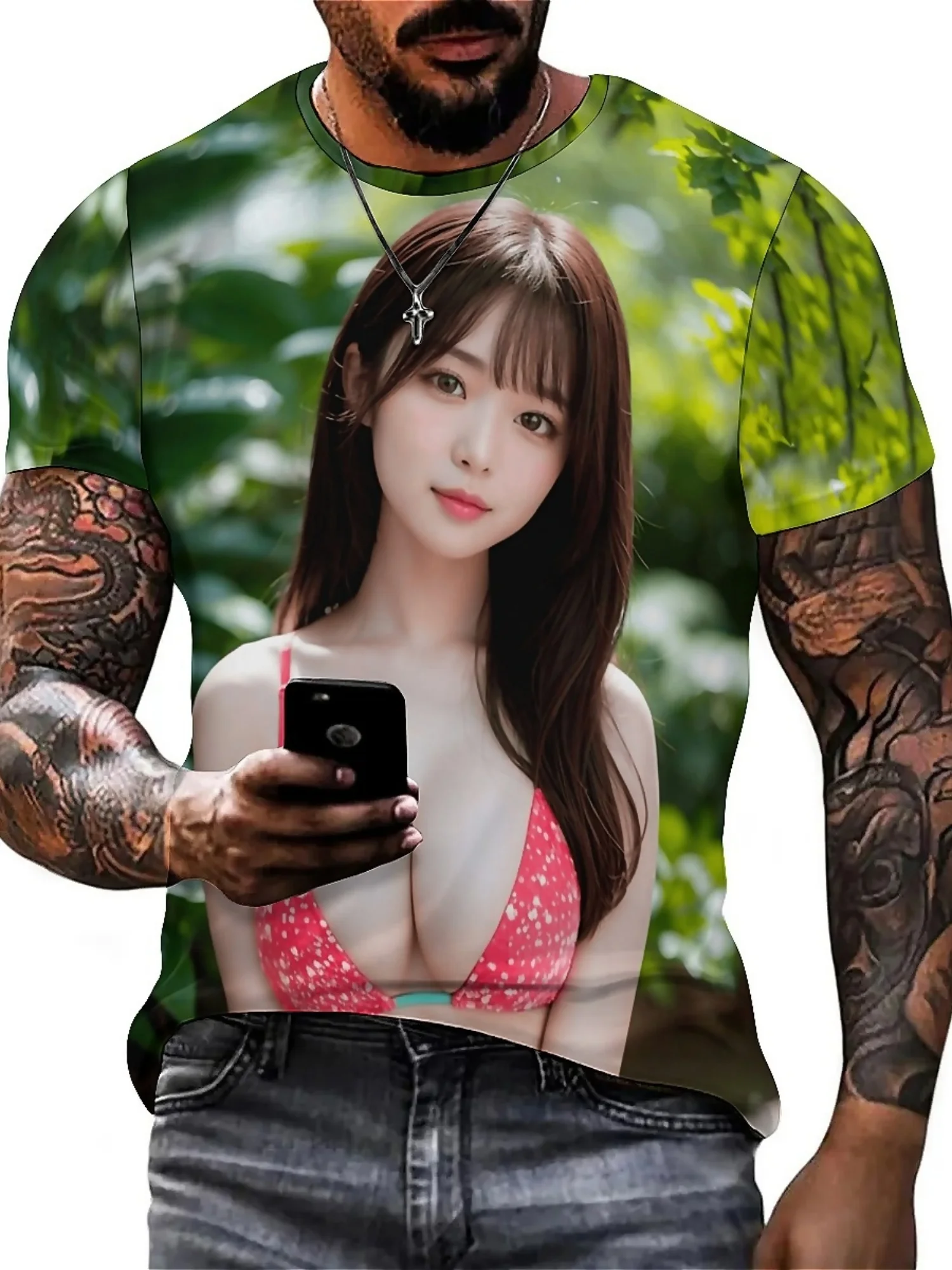 Camiseta masculina com estampa digital 3D – Design asiático sexy estilo rock, folha verde e padrão de biquíni vermelho, manga curta