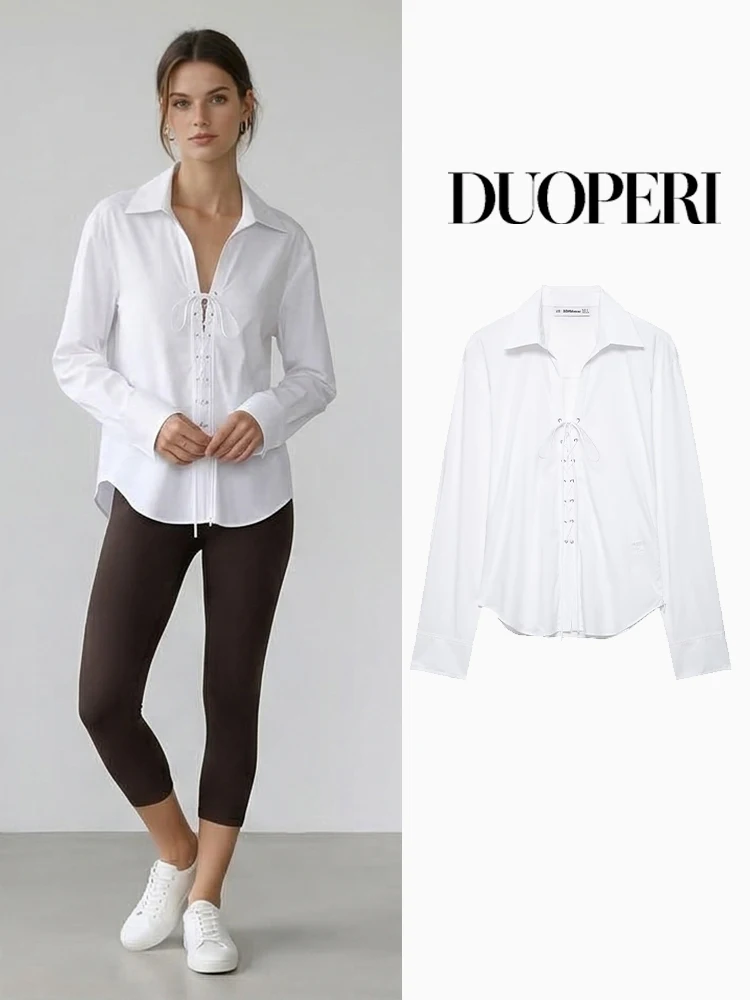 

DUOPERI Women Fashion White Bandage Bow Lace Up Blouse Vintage Lapel Neck Long Sleeves Female Chic Lady Shirts