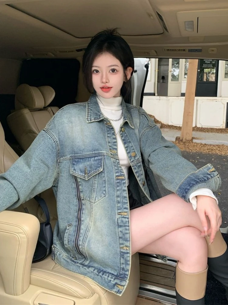 

Women's Loose Fit Casual Mid Length American Vintage Distressed Zipper Decor Motorcycle Denim Jacket 2025 Spring Autumn