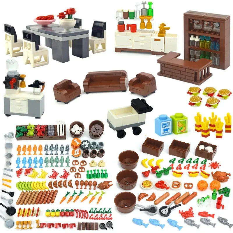 City MOC Table Food Bread Pizza Fries Fruit Carrot Hamburger Model Toys Educational Building Blocks Toys for Children Kids Gifts