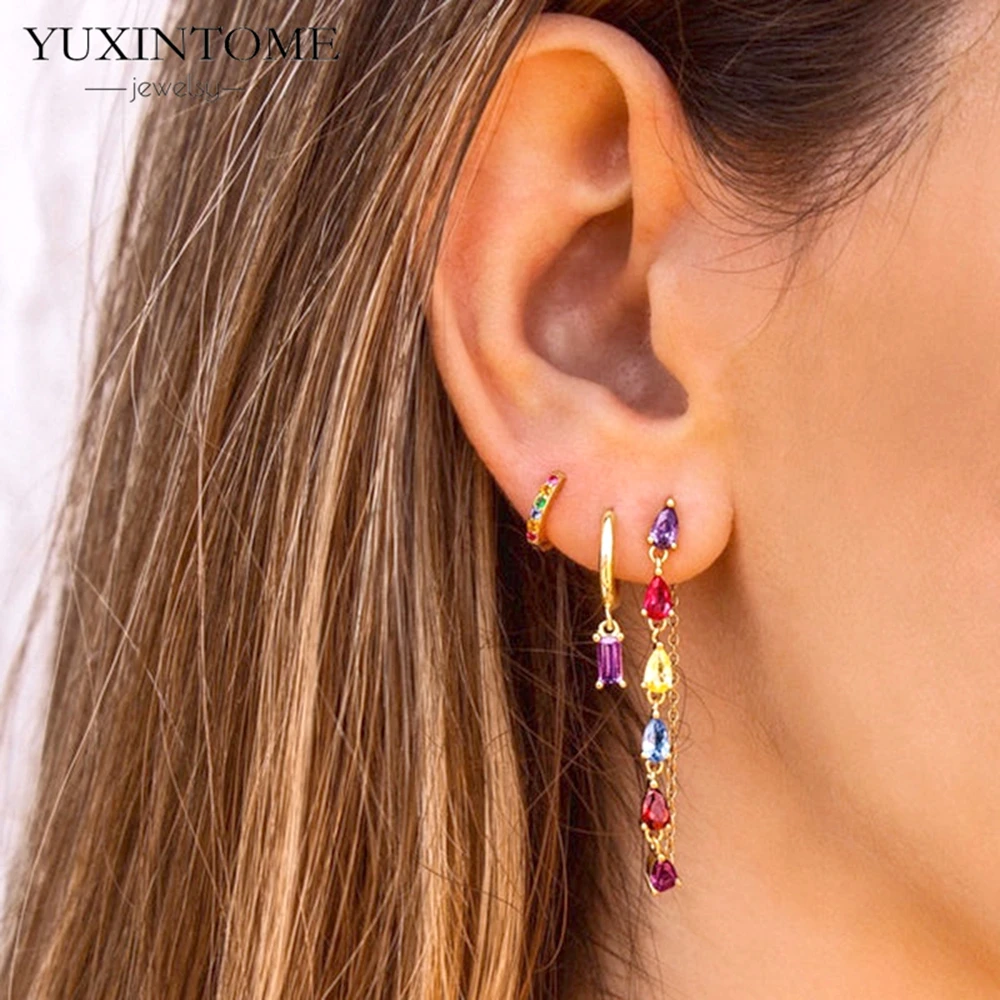 925 Sterling Silver Needle Colorful Water drop Tassel Zircon Stud Earrings for Women Wedding Party Gold Earrings Fashion Jewelry