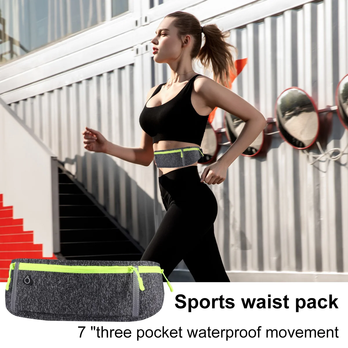 

Water Resistant Running Pouch Dark Grey Three Compartments Reflective Fabric Breathable Lightweight Smooth Zipper