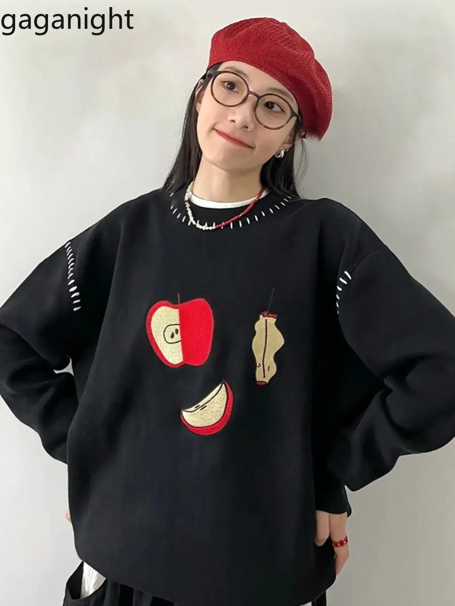 Gaganight Women Black Girl Fun Apple Contrast O Neck Knitted Shirt 2024 Autumn Winter New Korean Chic Lazy Style Female Pullover