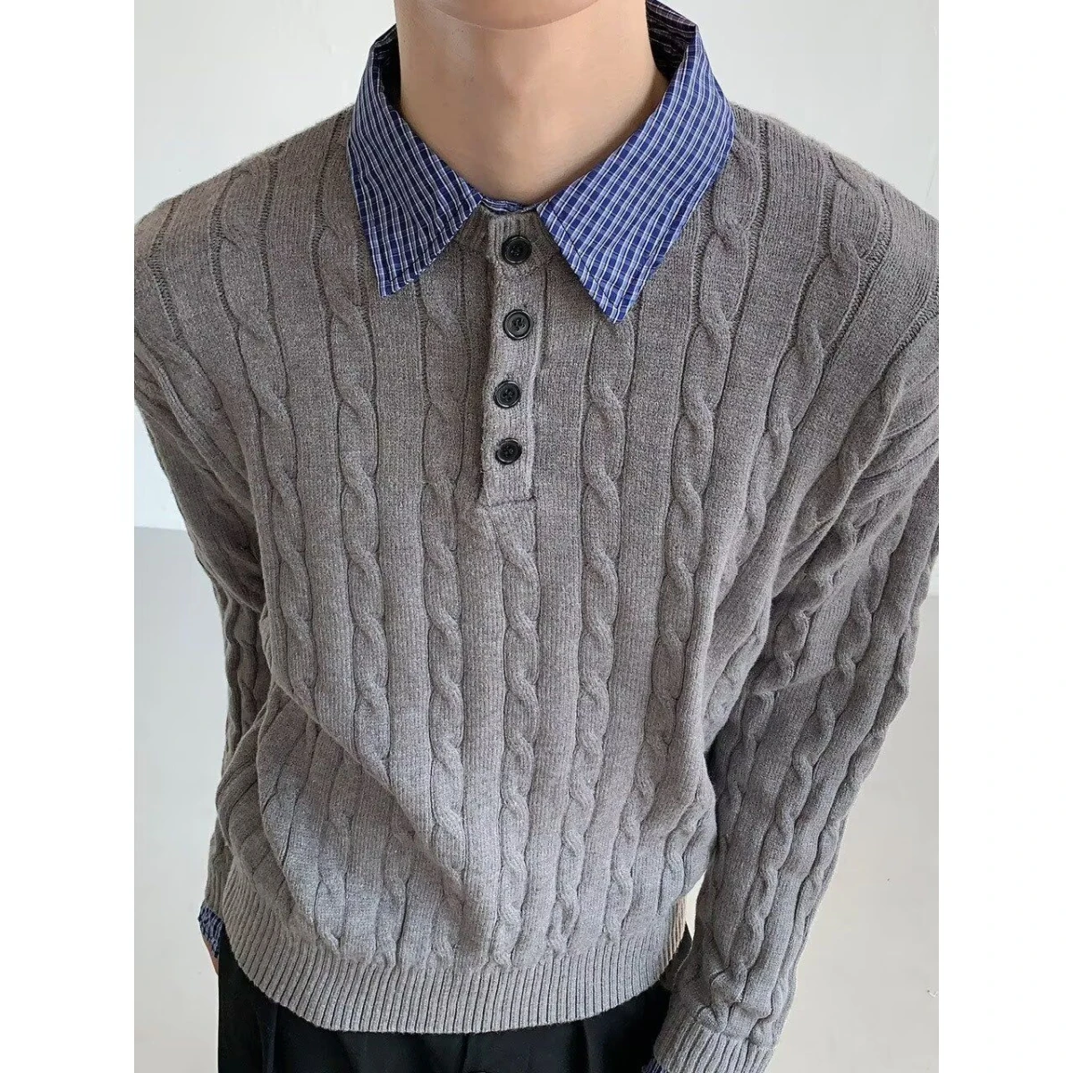 

Thiened Fake Two-Piece Knitted Sweater for Men Autumn Winter Sle irt Collar Cotton Blend Casual Knitwear