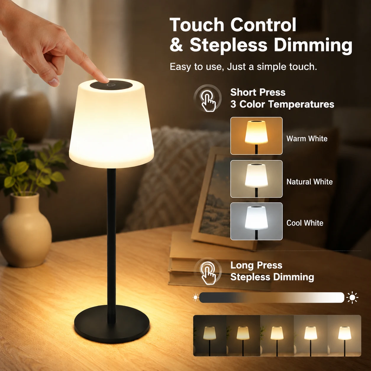Touch Control LED Shower Light, 3 Color Dimming, Rechargeable Night Light for Cafe Decor, Living Room, Bedroom.