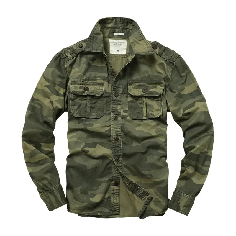 Men Camouflage Long-sleeved Shirt Ami Khaki Cotton Cargo Tooling Coats High-quality Thick Double Chest Pockets Shirt Outdoor