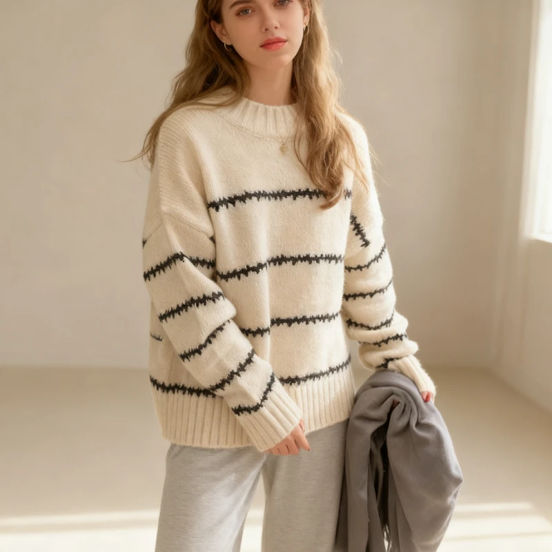 

Милый японский свободный вязаный свитер с круглым вырезом и длинными рукавами в стиле ретро, осенне-зимний модный полосатый повседневный женский пуловер, топ, новинка 18