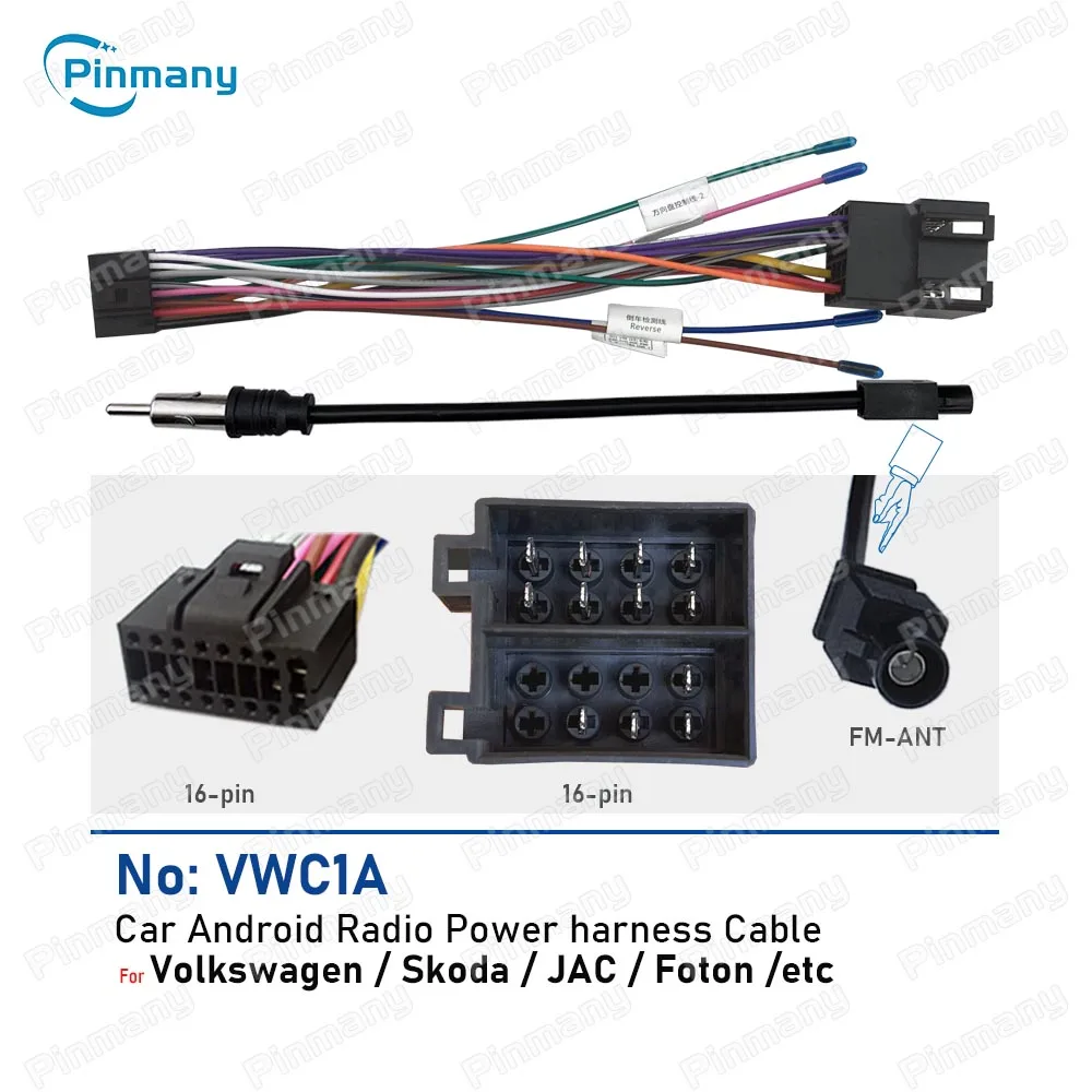 For VW Skoda JAC Foton Car Android Head Unit Radio16 Pin to ISO Cable Adapter Wiring Harness Connector Universal Accessory Wire