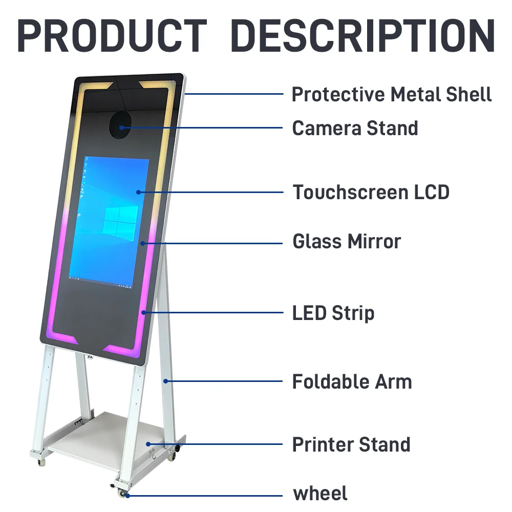Magic Mirror Selfie Photo Booth with Square LED Fill Light & Touch Screen – Portable 45/65 Inch for Weddings & Parties