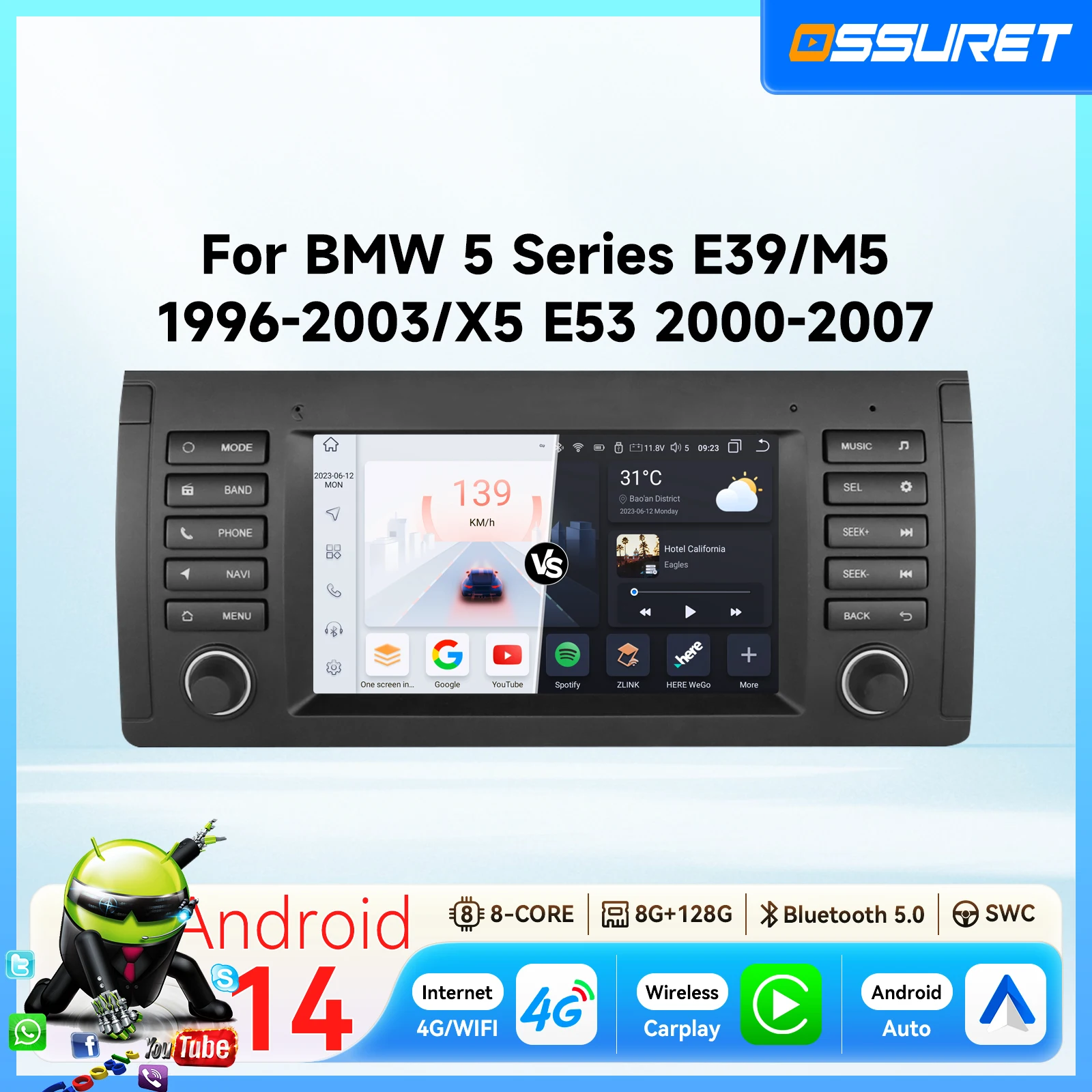 Autoradio Android 14 da 7 pollici per BMW Serie 5 E39 2002 2003 X5 E53 M5, lettore multimediale 4G Wifi Carplay GPS, schermo intelligente 2DIN 7862 Head Unit