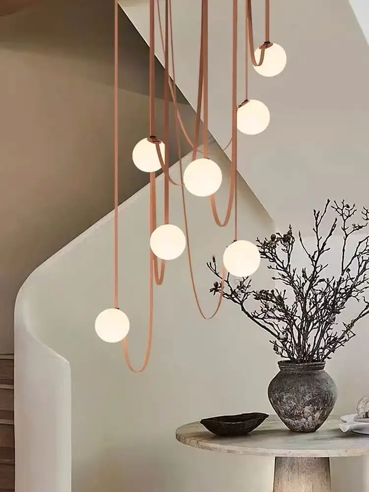 

Ltalian Minimalist Leather Belt Duplex Ball LED Pendant Lights Wire Drawing Hanging Lamps for Bedroom Home Decoration Chandelier