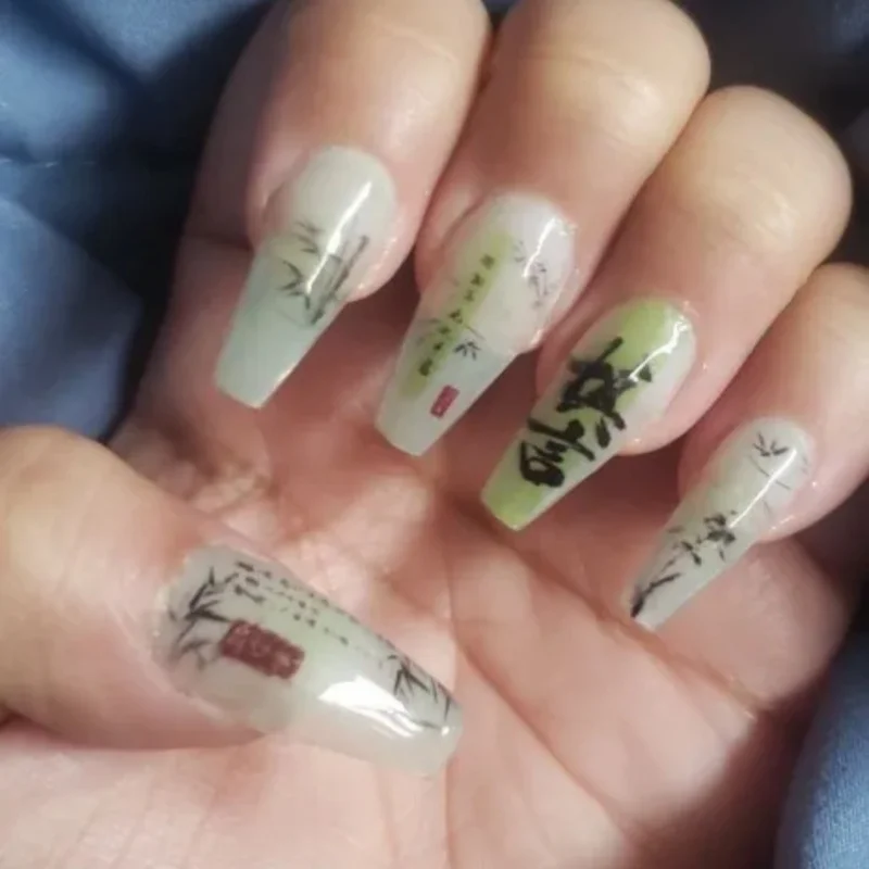 10 STKS Chinese Bamboe Lange Druk op Nagels Poëzie Schilderen Ontwerp Nep Nagels Set Herbruikbare Volledige Dekking Acryl Nagels Kunst voor Vrouwen