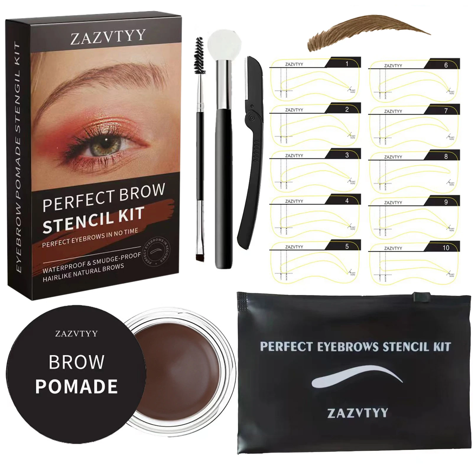 ครีมทาคิ้วชุดกันน้ํา Long-Lasting Eye Brow Stamp Stencil Kit 10pcs แม่แบบคิ้ว,ฟองน้ํา Applicator,แปรง