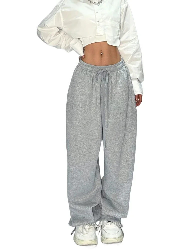 HOUZHOU Casual Gray Fleece Sweatpants Women Classic Baggy Joggers Streetwear Female Wide Leg Brushed Sport Trousers Oversized