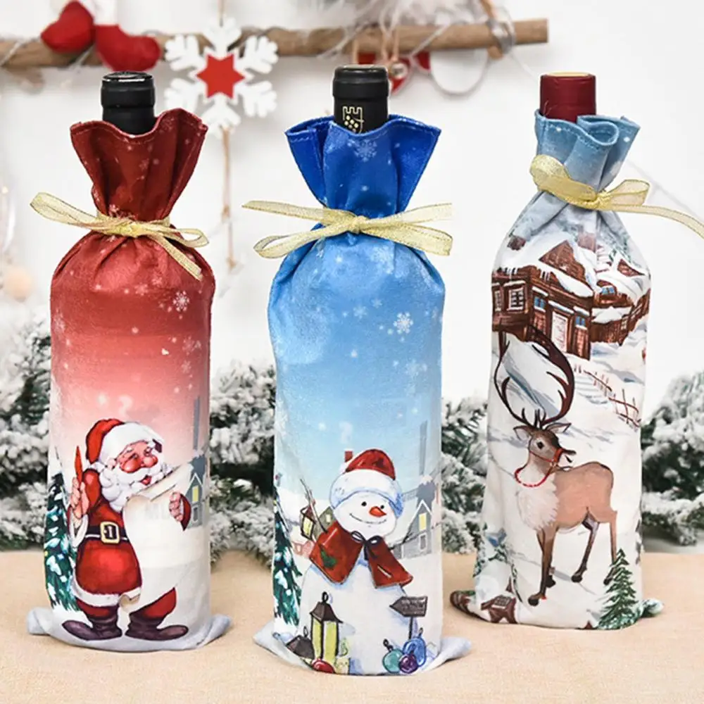 Wine Bottle Cover Christmas Santa Snowman Elk Drawstring Candy Bag Party Decor