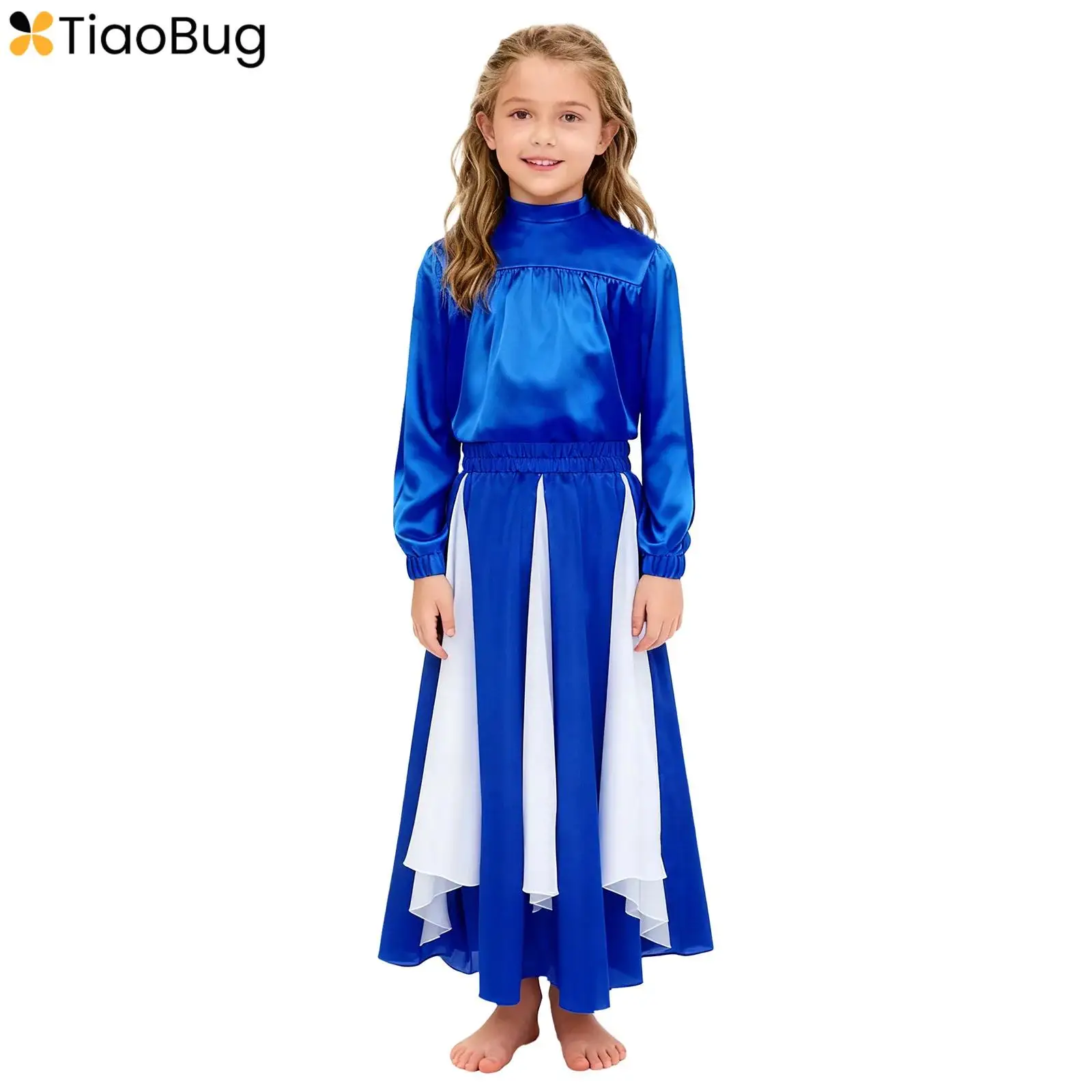 

Kids Girls Praise Liturgical Dance Costume Satin Mock Neck Long Sleeve Top+Color Block Wide Hemline Chiffon Panel Satin Skirt