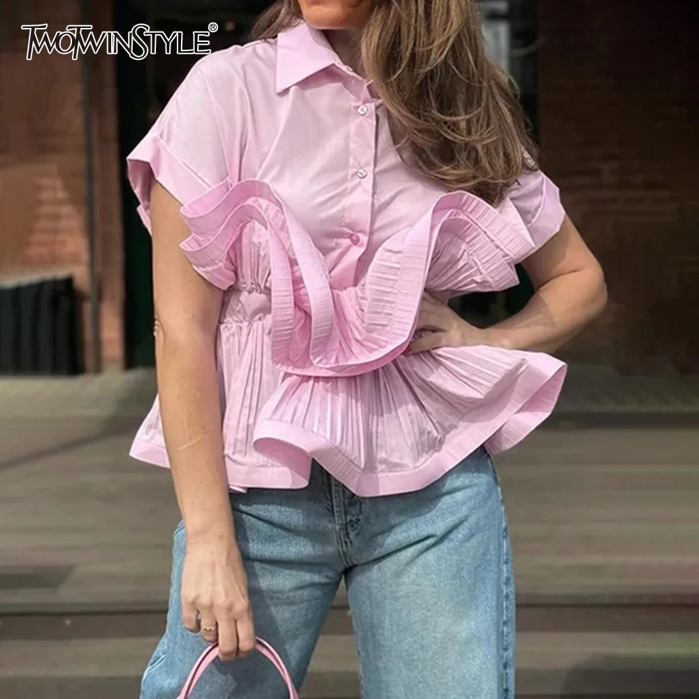 TWOTWINSTYLE Solid Patchwork Ruffles Shirts For Women Lapel Short Sleeve Patchwork Single Breasted Designer Blouse Female New