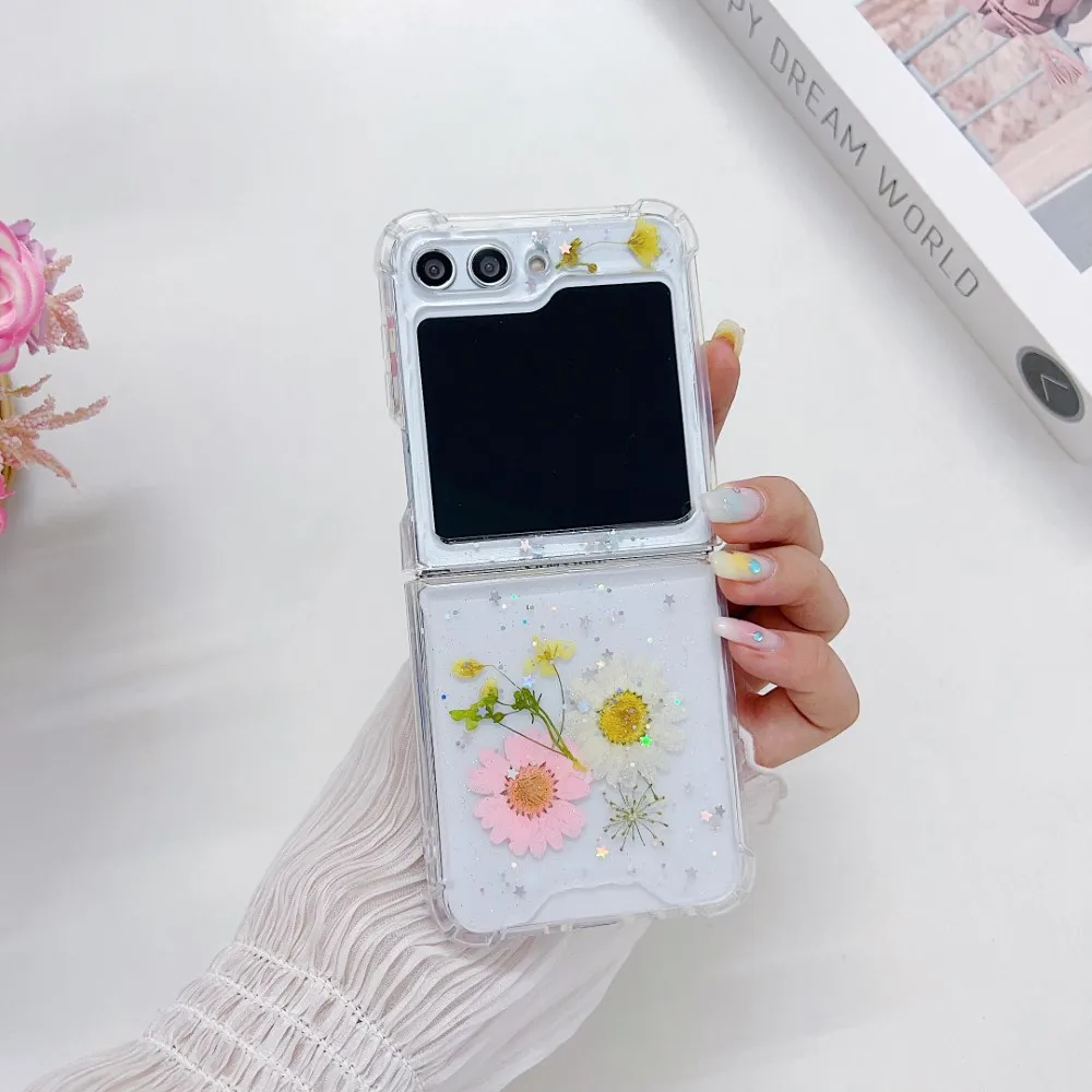 

Чехол для Samsung Galaxy Z Flip 5 4 3 ZFlip5 Прозрачный складной противоударный защитный жесткий чехол с блестками и высушенными цветами