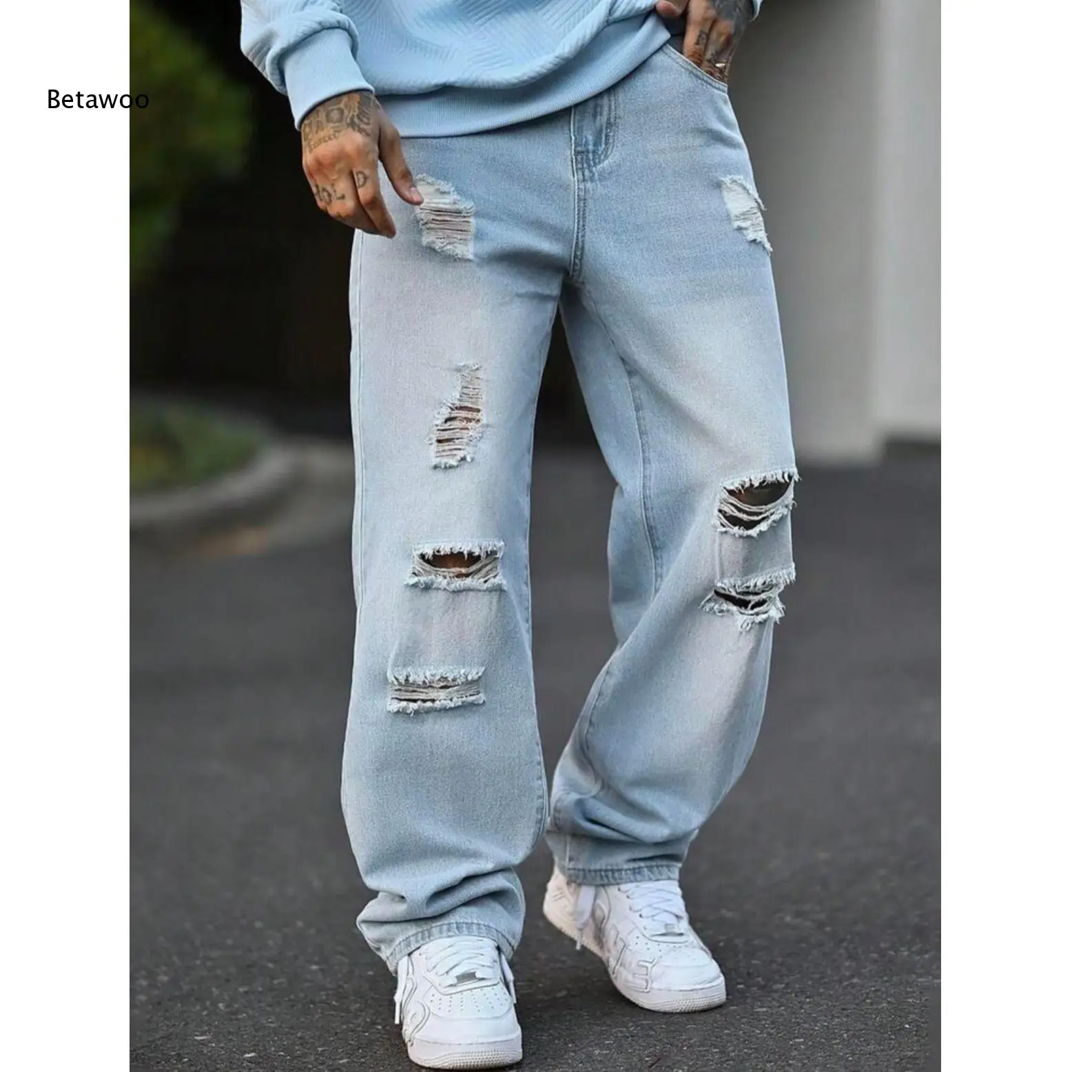 Men Light Blue Baggy Denim Jeans Distressed Multi Ripped Frayed Hole Design Loose Wide Leg Pants For Street Casual Daily Outfits