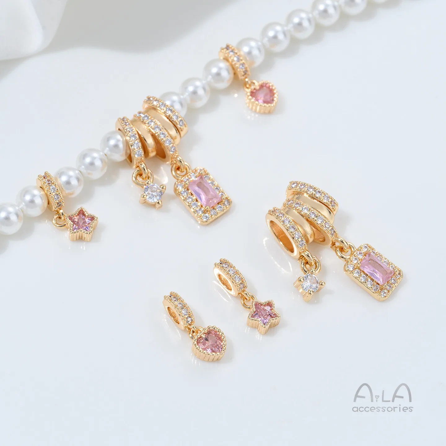 Copper-plated 14K Gold Color Zircon Peach Heart Gemini Rectangular Zirconium Pendant Handmade DIY Pearl Necklace Accessories