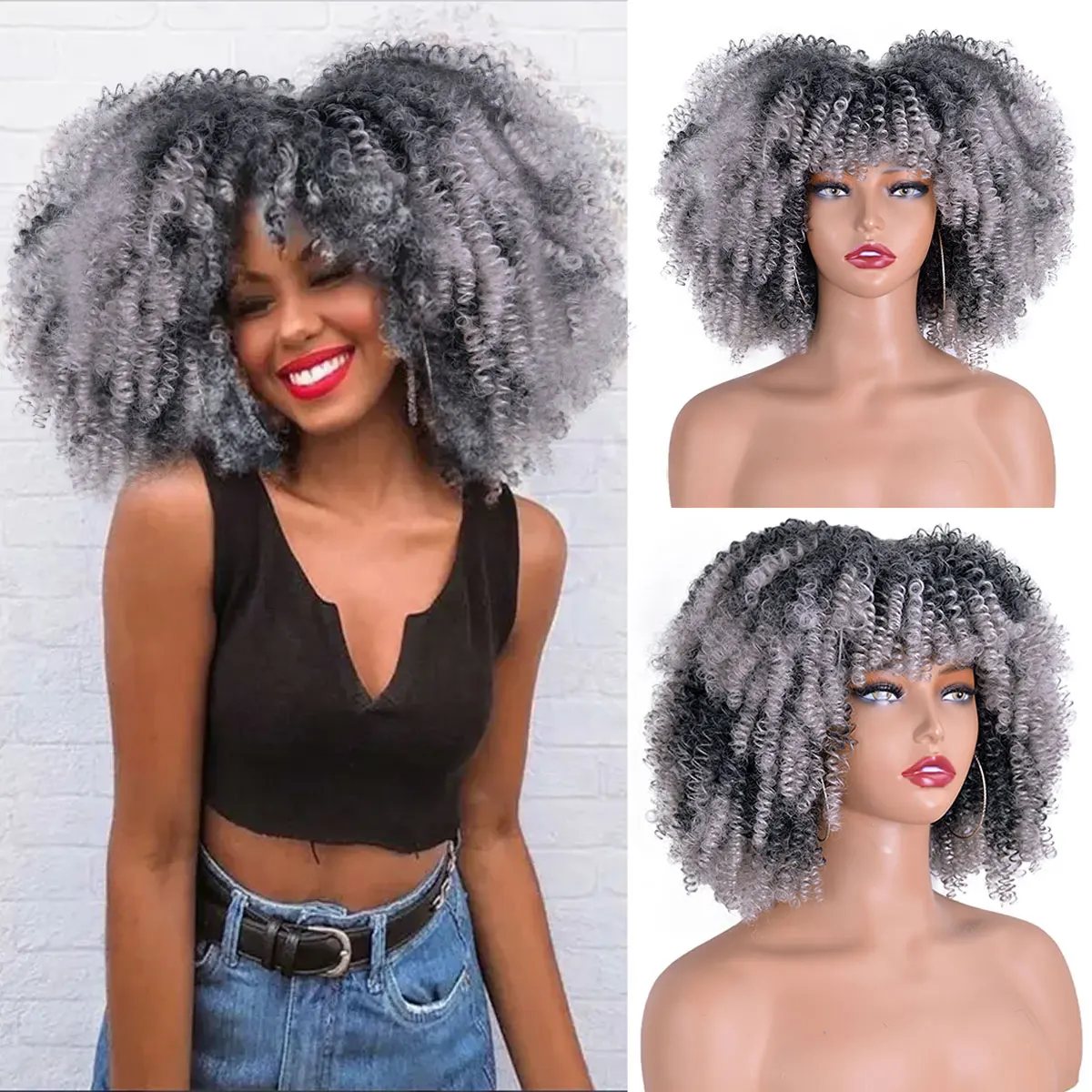 Peluca de pelo sintético corto Afro rizado con flequillo para mujeres negras, 12 pulgadas, pelucas de Cosplay Rubio Natu