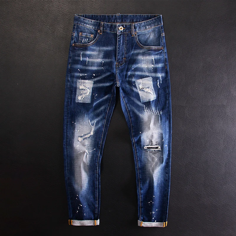 Street Fashion Heren Jeans Vintage Elastische Slim Fit Split Blue Jeans Heren Schilderij Designer Hiphop Jeans Potlood Broek Hombre